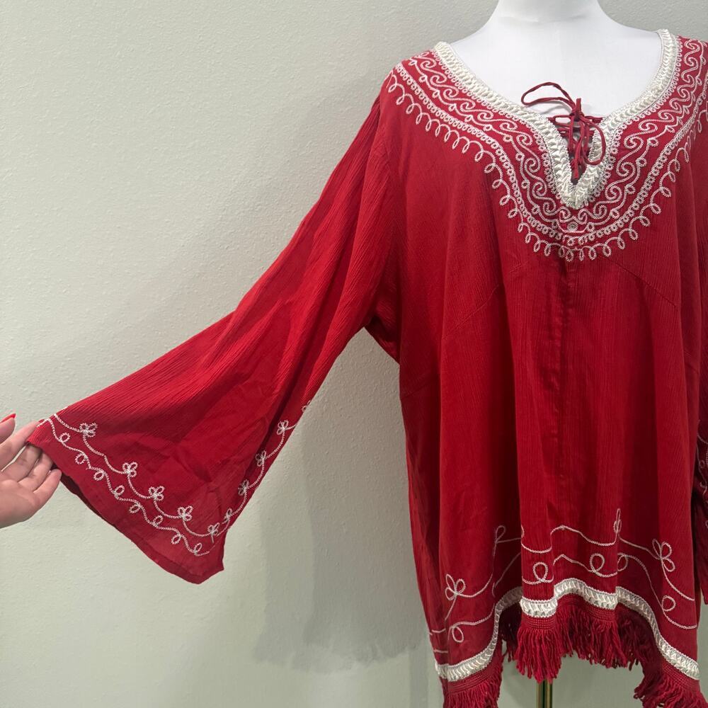 Boho Red White Embroidered Fringe Tunic Long Bell Sleeve Top Women 3x Resort - Picture 4 of 9